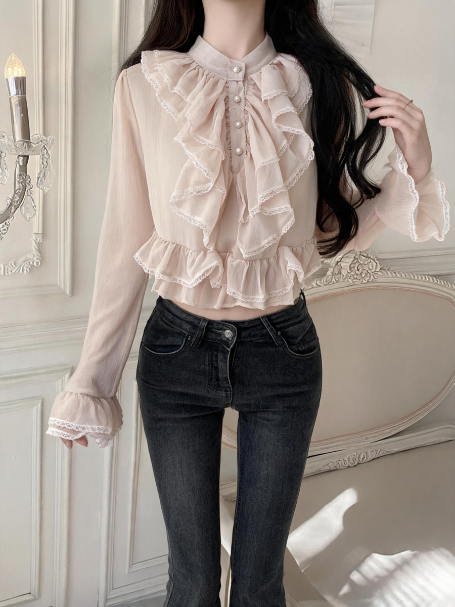 French Palace Style Lace Ruffle Long Sleeve Chiffon Top for Women - Style aeef77