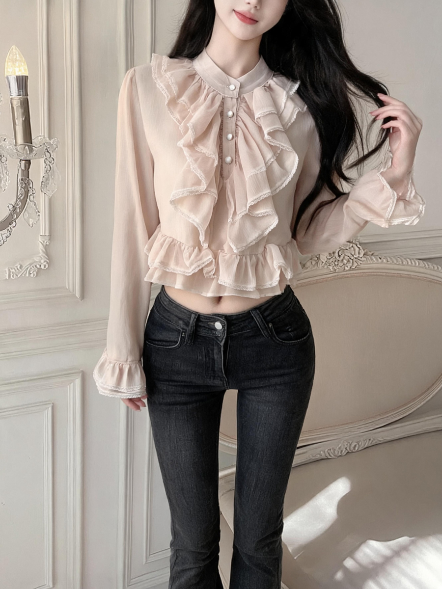 French Palace Style Lace Ruffle Long Sleeve Chiffon Top for Women - Style aeef77 - Image 3