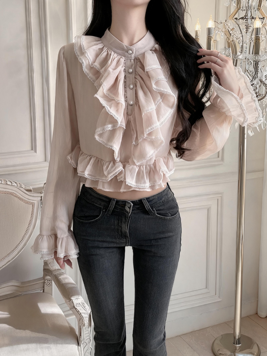 French Palace Style Lace Ruffle Long Sleeve Chiffon Top for Women - Style aeef77 - Image 2