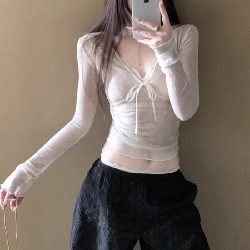 Women's V-Neck Long-Sleeve Slim Fit Lace T-Shirt