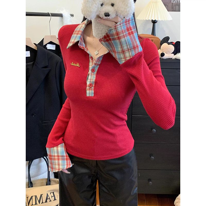 2026 Autumn Plaid Polo Neck Long Sleeve T-Shirt for Women - Image 3