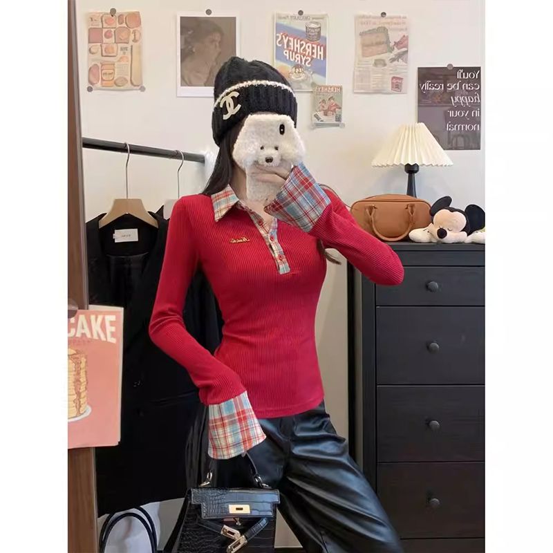 2026 Autumn Plaid Polo Neck Long Sleeve T-Shirt for Women