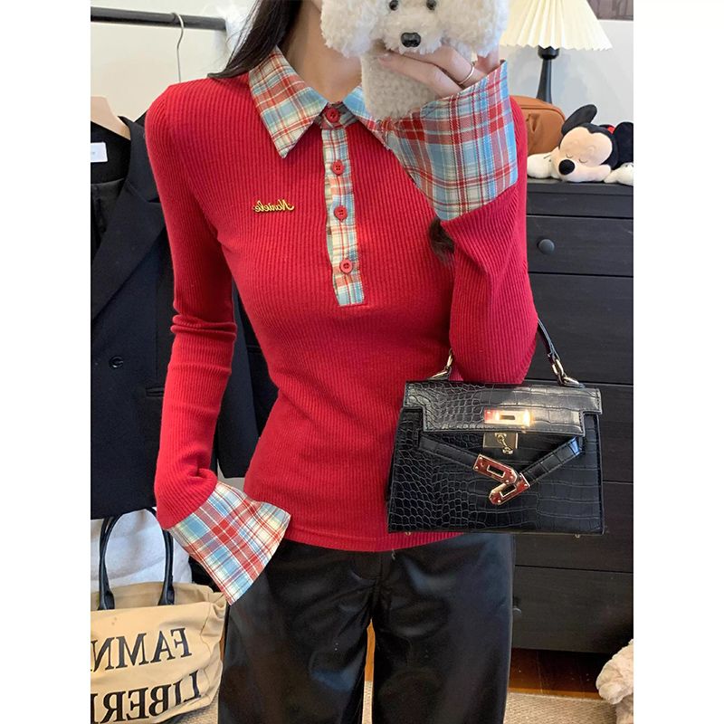 2026 Autumn Plaid Polo Neck Long Sleeve T-Shirt for Women - Image 2